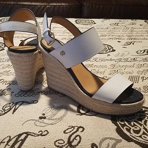 Navy white summer wedges